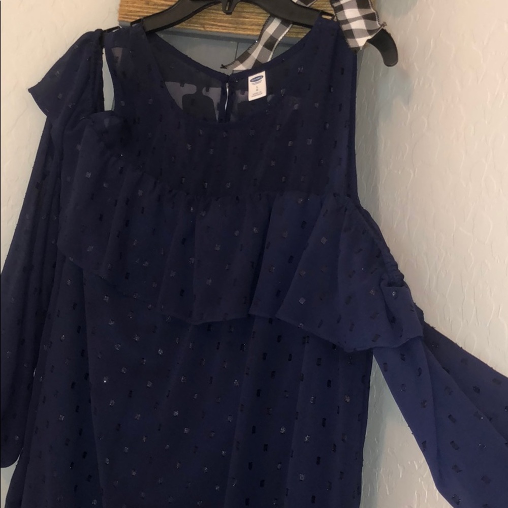 Navy blue polka dot Dress w peek-a-boo shoulder